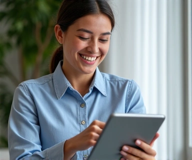 Una persona sonriendo mientras usa una tablet para una consulta online, simbolizando la comodidad y accesibilidad de las consultas personalizadas.